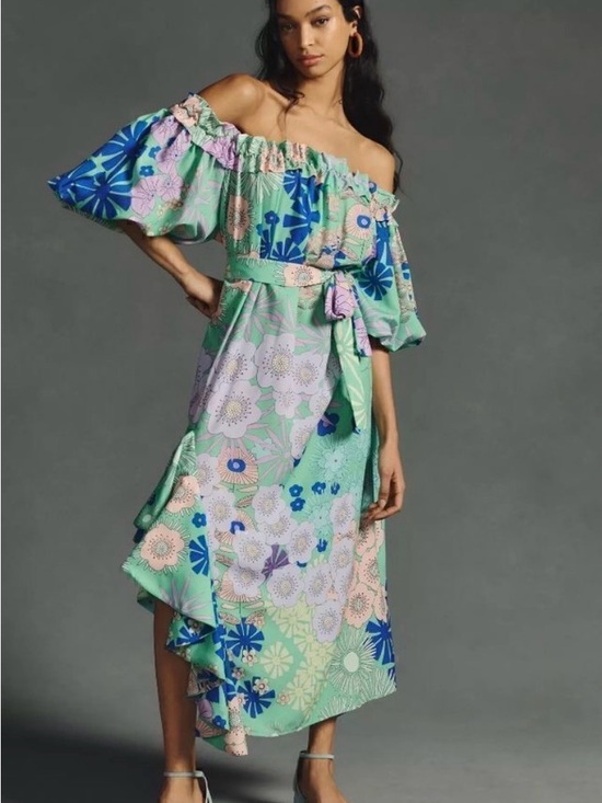 Anthropologie Dresses & Skirts - Anthropologie Oopscool Off-Shoulder Floral Midi Dress in Mint and Blue size S